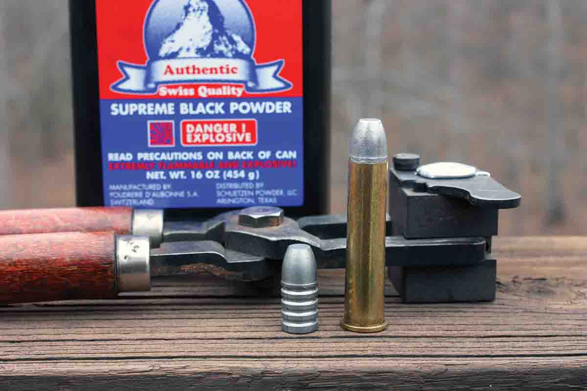 The author’s .45-70 load used a 416-grain Lyman No. 457193 made with 1:16 alloy, 67 grains of Swiss 1½ Fg black powder, a Winchester case, a CCI 250 primer, homemade lube and card wad.